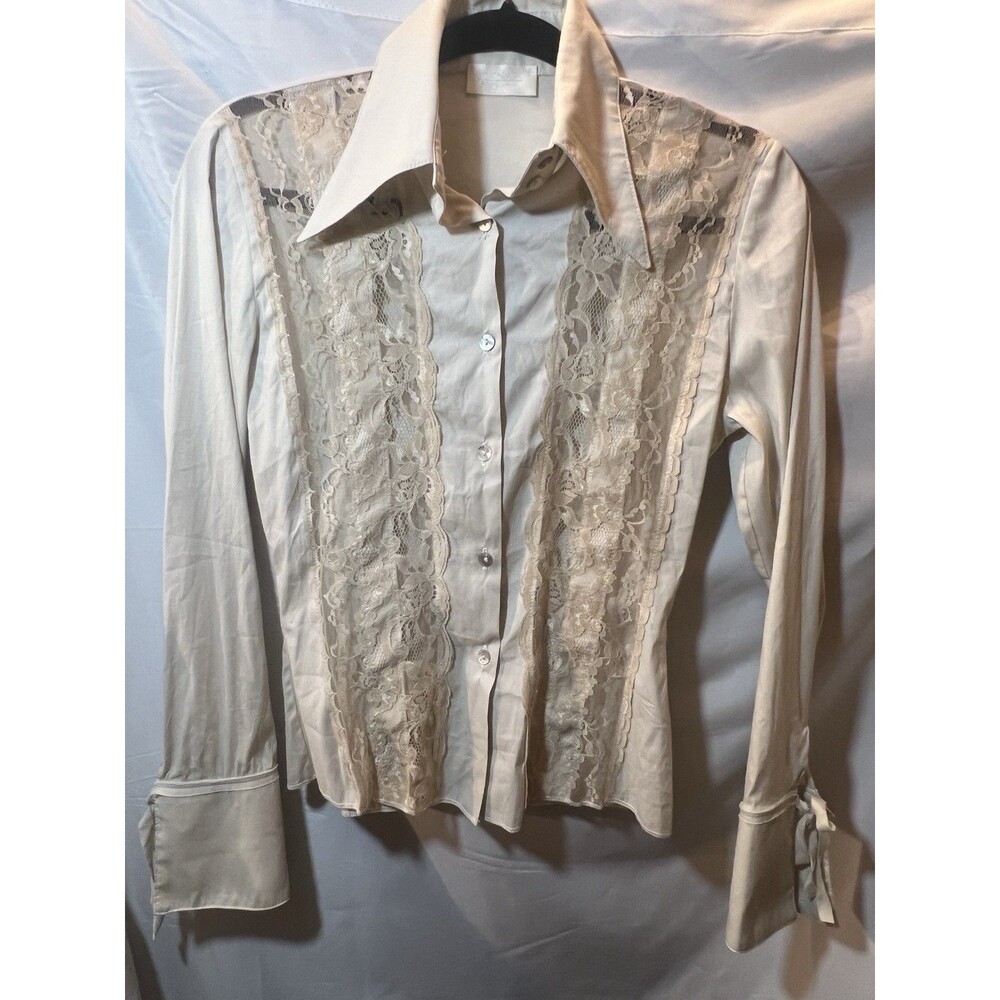 "Tenax Made In Italy Lace Front Button Down Shirt 42 Quiet Luxury Beige Blouse